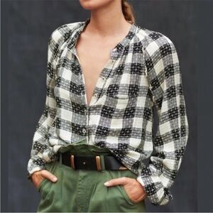 Anthropologie Pilcro Breezy Buttondown Black White Motif Blouse Size S